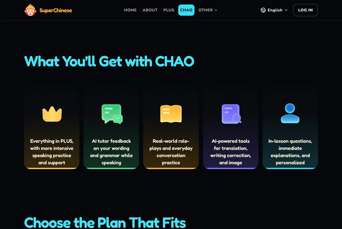 SuperChinese's CHAO web page, section "What You'll Get with CHAO", with five cards: everything in PLUS with more intensive speaking practice and support; AI tutor feedback on your wording and grammar while speaking; real-world role-plays and everyday conversation practice; AI-powered tools for translation, writing correction and image; in-lesson questions with immediate, personalized explanations.