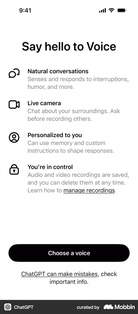 ChatGPT's "Say hello to Voice" screen listing natural conversations that sense and respond to interruptions, live camera, personalization and recording controls, with a "Choose a voice" button and the note "ChatGPT can make mistakes".