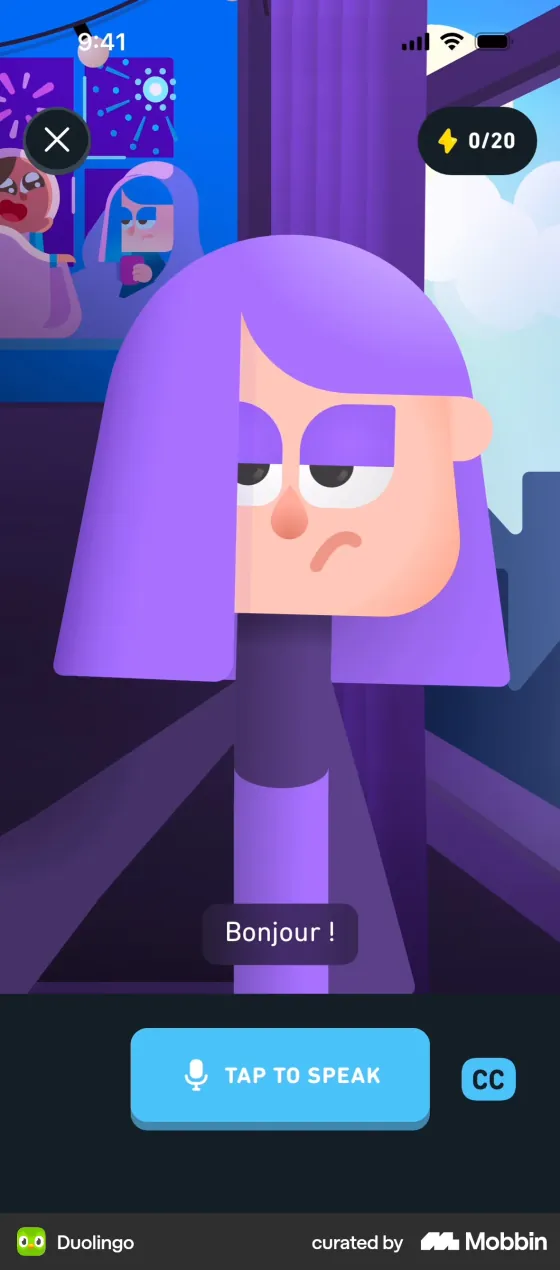 A Duolingo Video Call in the French course: the animated character Lily on screen saying "Bonjour !", a 0/20 goal counter, a "Tap to speak" button and a captions button.