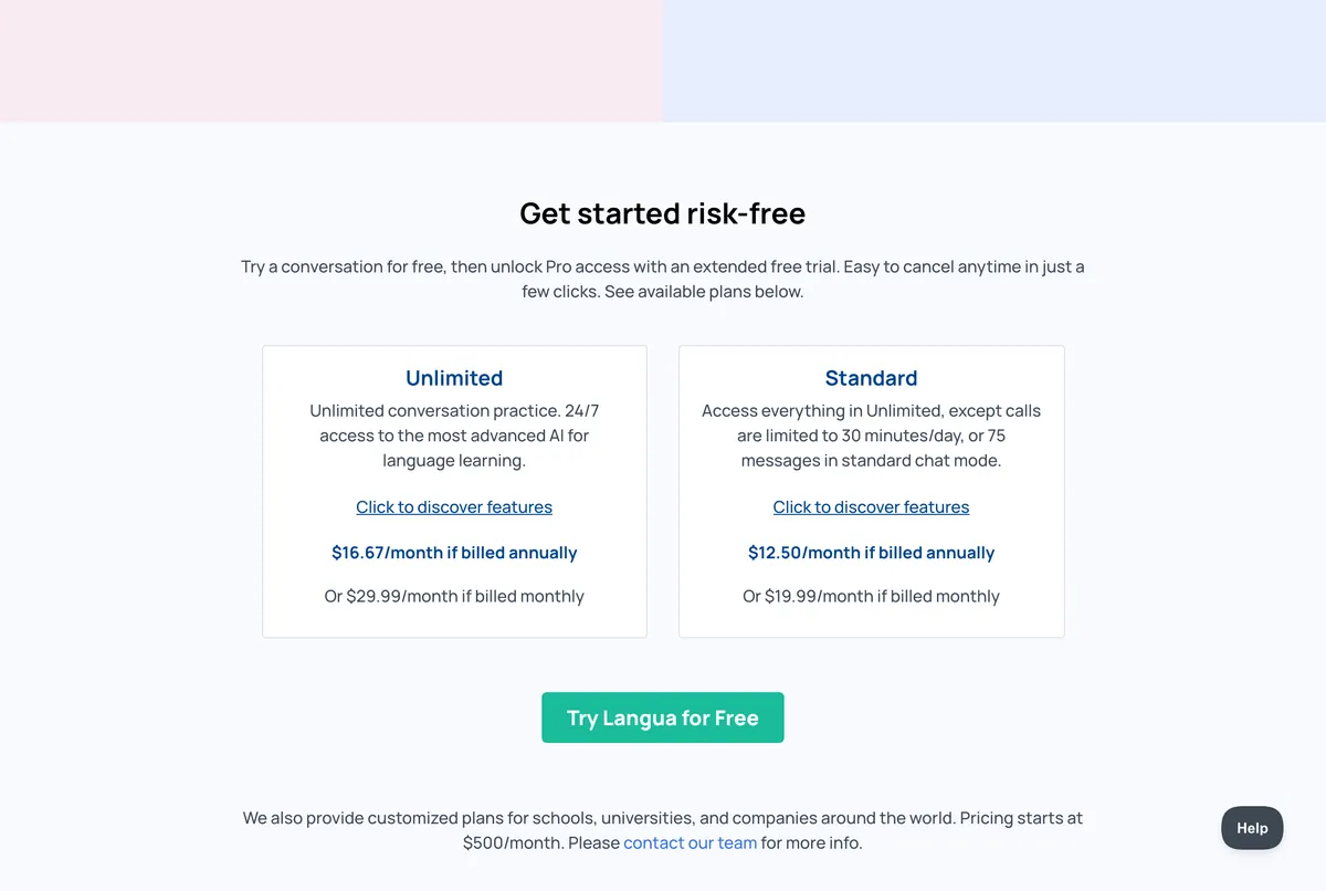 Langua's Chinese tutor page, section "Get started risk-free": try a conversation for free, then a trial. Two plans: Unlimited, $16.67 a month billed annually or $29.99 billed monthly; Standard, with calls limited to 30 minutes a day or 75 messages, $12.50 a month billed annually or $19.99 billed monthly.