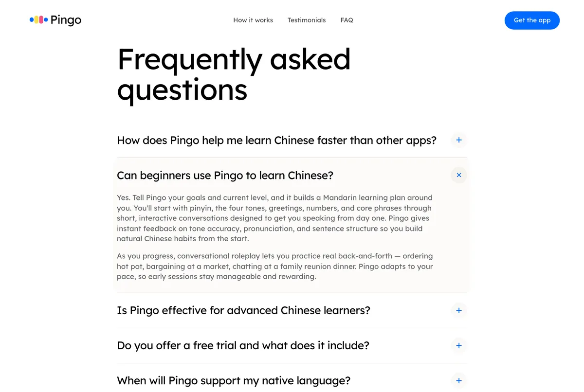 Pingo's Chinese page, FAQ item "Can beginners use Pingo to learn Chinese?" opened: Pingo builds a learning plan, starts with pinyin and the four tones, and "gives instant feedback on tone accuracy, pronunciation, and sentence structure".