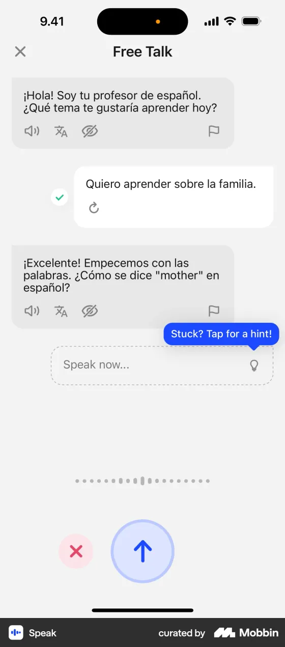 Speak's Free Talk screen in its Spanish course: the AI teacher asks which topic the learner wants, the learner answers that they want to learn about family, the teacher asks how to say "mother", and a "Stuck? Tap for a hint!" bubble sits above a record button.