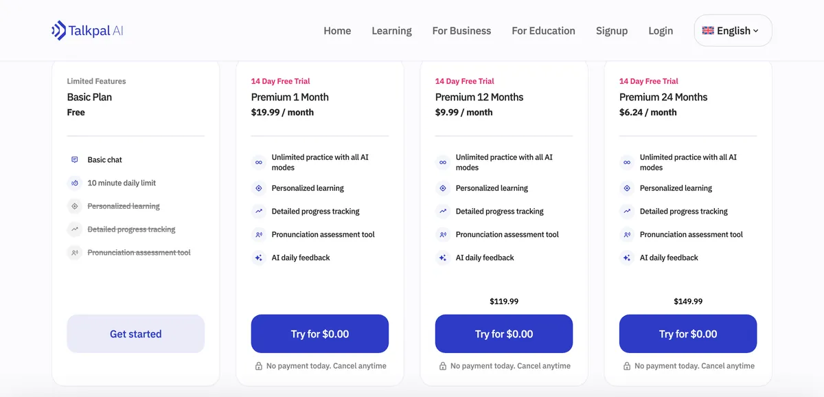 Talkpal's pricing page: a free Basic plan with basic chat and a 10 minute daily limit, with personalized learning, progress tracking and the pronunciation assessment tool crossed out; Premium plans at $19.99 a month for 1 month, $9.99 a month for 12 months ($119.99) and $6.24 a month for 24 months ($149.99), each with a 14-day free trial.