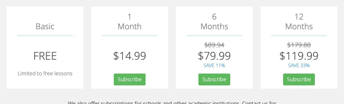 Du Chinese pricing cards: Basic, free, limited to free lessons; 1 month $14.99; 6 months $79.99, crossed out from $89.94; 12 months $119.99, crossed out from $179.88; each with a Subscribe button.