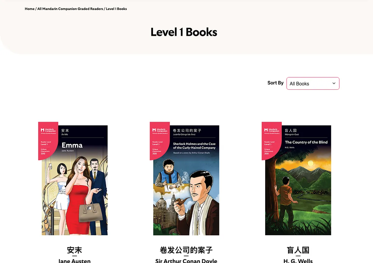 Mandarin Companion Level 1 Books page with three illustrated covers: Emma, Sherlock Holmes and the Case of the Curly-Haired Company, and The Country of the Blind, each with a red Level 1 badge reading Unique Characters 300.