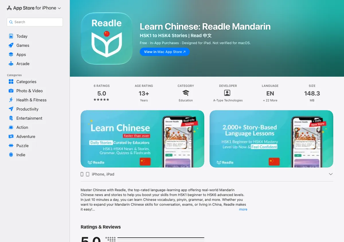 App Store page for Learn Chinese: Readle Mandarin, subtitle HSK1 to HSK4 Stories, 6 ratings averaging 5.0, and two promotional screenshots reading Daily Stories Curated by Educators, HSK1-HSK4 News and Stories, and 2,000+ Story-Based Language Lessons.