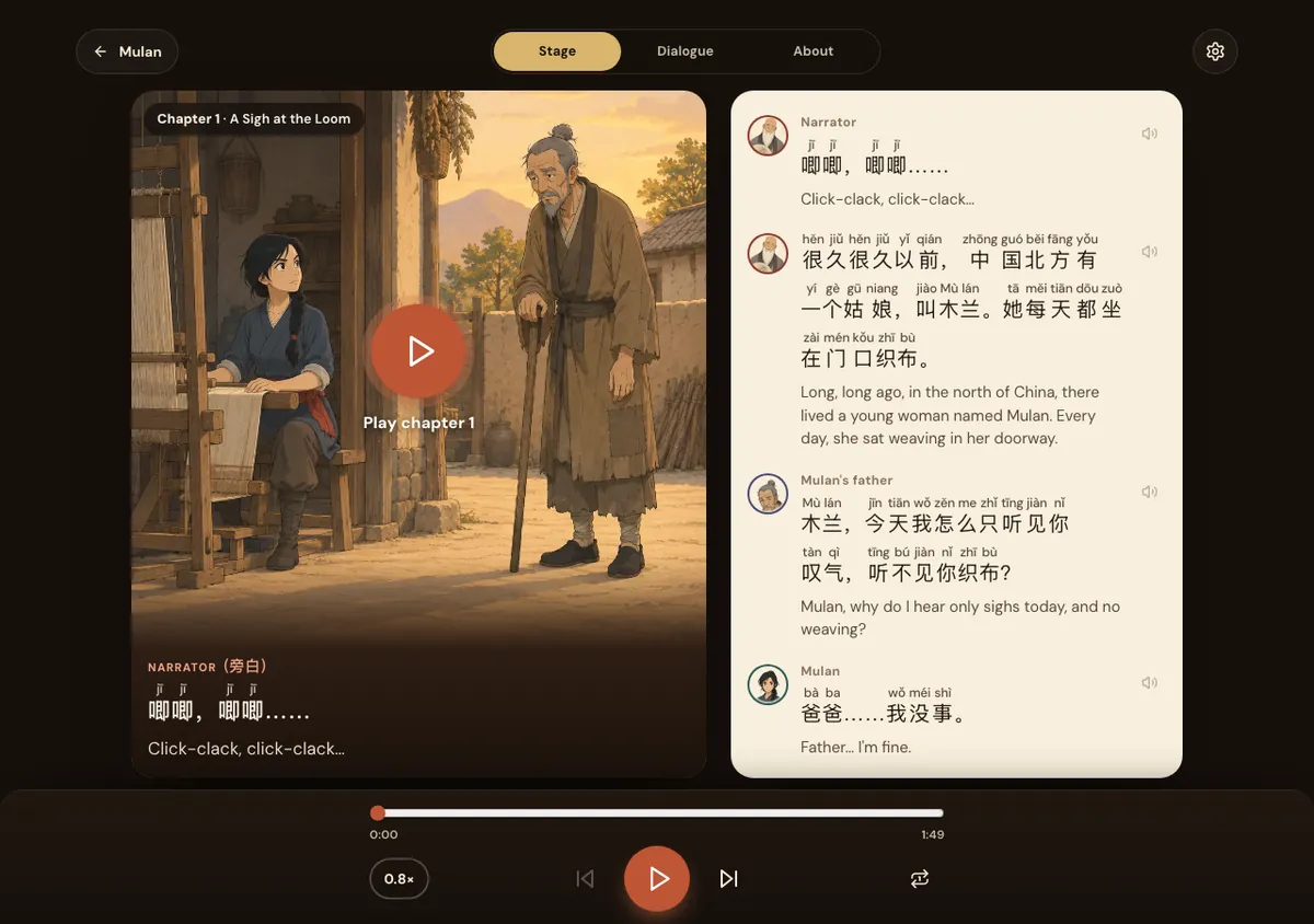 SayMei Stories chapter page for Mulan, Chapter 1, A Sigh at the Loom: an illustrated scene of Mulan at her loom and her father, and a transcript where each line has pinyin over the characters, the speaker's name and an English translation; the player shows 0:00 of 1:49 at 0.8× speed.