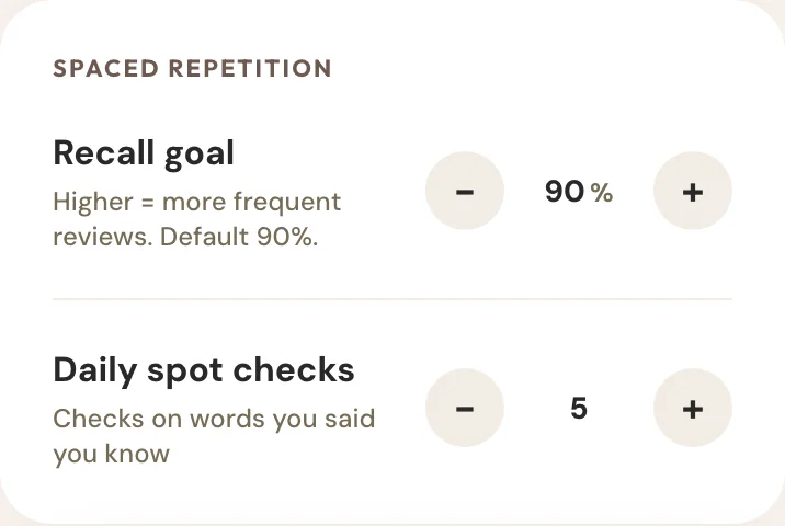 SayMei's flashcard settings, the Spaced repetition card: Recall goal, 'Higher = more frequent reviews. Default 90%.', set to 90% with minus and plus buttons, and Daily spot checks, 'Checks on words you said you know', set to 5.