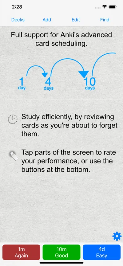 AnkiMobile's App Store picture headed 'Full support for Anki's advanced card scheduling': arrows show intervals of 1, 4 and 10 days, and the answer buttons read 1m Again, 10m Good and 4d Easy.