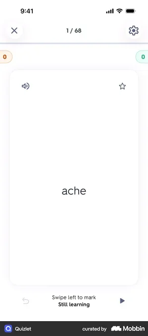 A Quizlet flashcard on iPhone showing the English word 'ache', a speaker button, a star, and 'Swipe left to mark Still learning'.