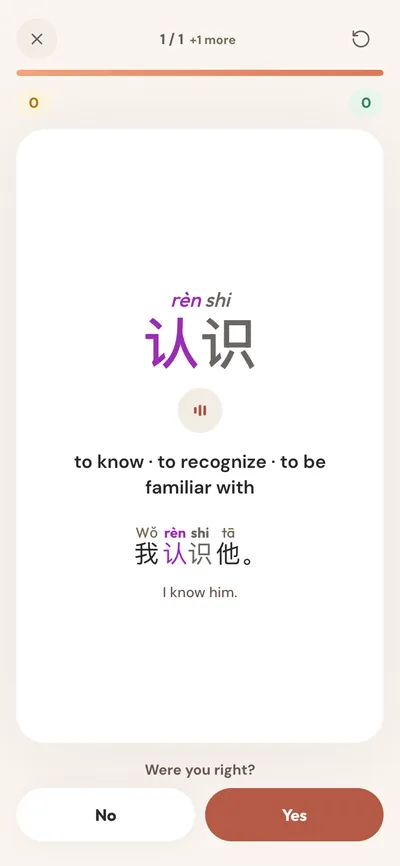 A SayMei flashcard: 认识 rèn shi in tone colours with a speaker button, the meanings 'to know, to recognize, to be familiar with', the sentence 我认识他 with pinyin above, 'I know him.', and 'Were you right?' with No and Yes buttons.