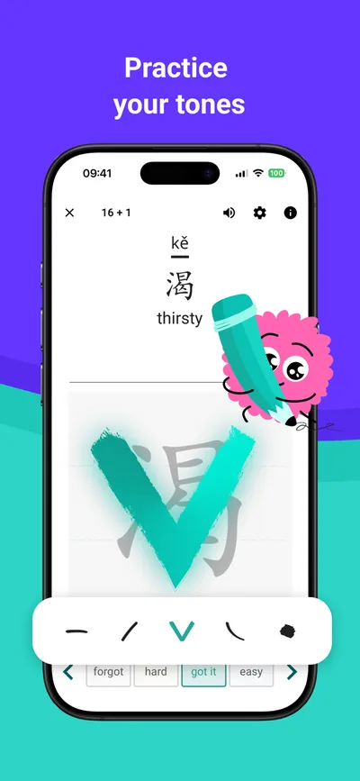 Skritter's App Store picture headed 'Practice your tones': a phone shows the character 渴 kě, 'thirsty', a tone mark drawn over it, five tone buttons and grading buttons forgot, hard, got it and easy.
