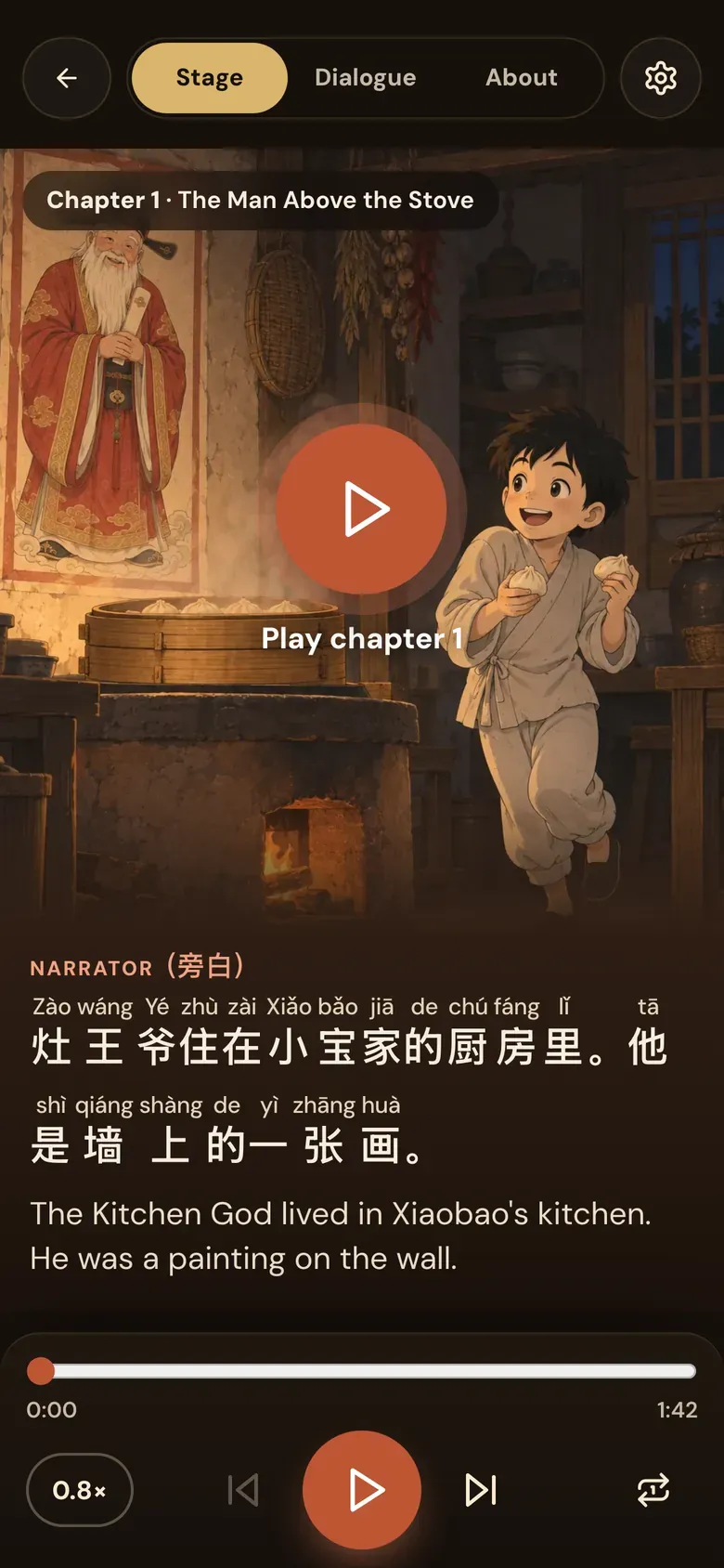 SayMei Stories on a phone: chapter 1 of The Kitchen God, The Man Above the Stove, with a picture of a boy holding dumplings in a kitchen and a big Play chapter 1 button, the narrator's first line in Chinese with pinyin above each character, the English line under it, and a player set to 0.8×.