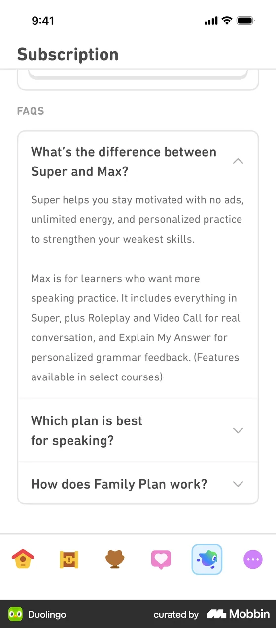 Duolingo's Subscription page with the FAQ "What's the difference between Super and Max?" open. Super gives no ads, unlimited energy and personalized practice. Max includes everything in Super, plus Roleplay and Video Call for real conversation, and Explain My Answer for personalized grammar feedback, with features available in select courses.