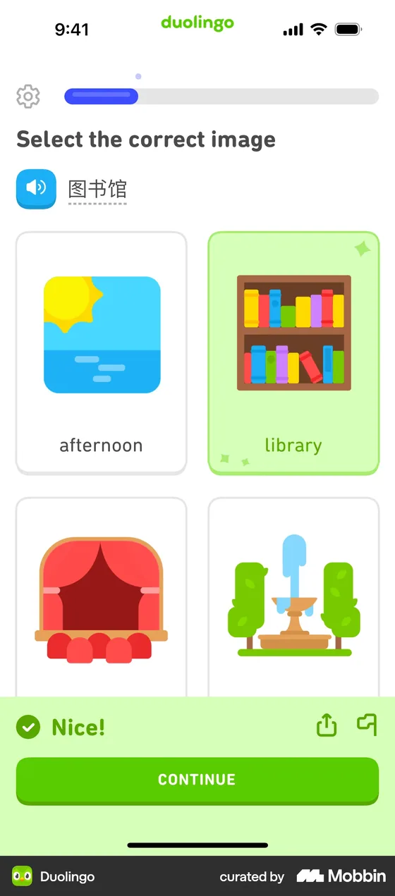 A Duolingo Chinese lesson on a phone: "Select the correct image" for the word 图书馆, túshūguǎn, with a speaker button and four picture cards. The card labelled library, a bookshelf, is selected, and a green banner says "Nice!" above a Continue button.
