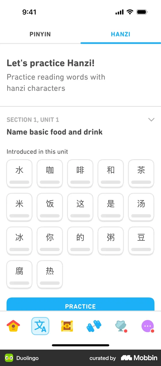 Duolingo Chinese course, HANZI tab: "Let's practice Hanzi! Practice reading words with hanzi characters." Under Section 1, Unit 1, "Name basic food and drink", seventeen characters introduced in the unit, among them 水 shuǐ, 茶 chá, 米 mǐ and 饭 fàn, and a PRACTICE button.