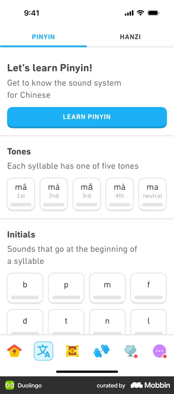Duolingo Chinese course, PINYIN tab: "Let's learn Pinyin! Get to know the sound system for Chinese" with a LEARN PINYIN button, a Tones row (mā 1st, má 2nd, mǎ 3rd, mà 4th, ma neutral) and an Initials row (b, p, m, f, d, t, n, l).