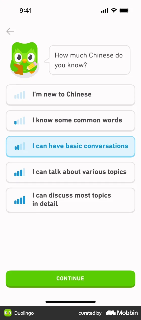 Duolingo screen after adding the Chinese course: the owl asks "How much Chinese do you know?" with five answers, from "I'm new to Chinese" to "I can discuss most topics in detail", and "I can have basic conversations" selected.