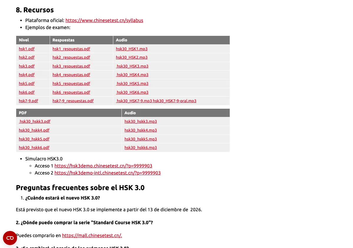 The Confucius Institute of Barcelona's HSK 3.0 page, section 8 Recursos: a table of sample papers hsk1.pdf to hsk7-9.pdf with answer files and MP3 recordings, a second table of speaking papers hsk30_hskk3 to hskk6 with recordings, and two links to the HSK 3.0 trial.
