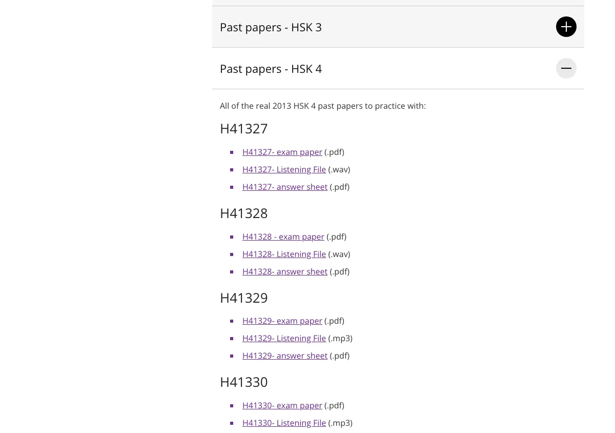 The University of Manchester Confucius Institute's HSK learning resources page with Past papers - HSK 4 open: 'All of the real 2013 HSK 4 past papers to practice with', then papers H41327 to H41330, each with an exam paper (.pdf), a listening file (.wav or .mp3) and an answer sheet (.pdf).