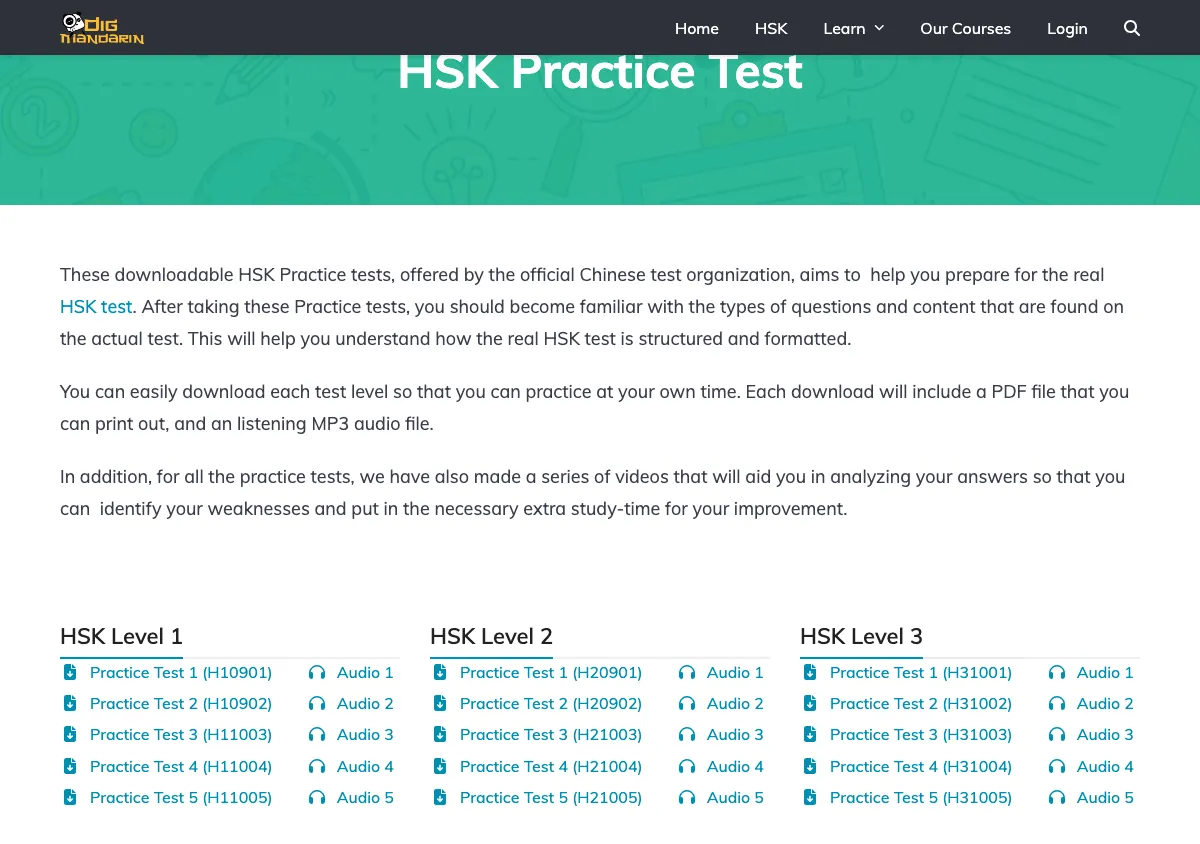 Dig Mandarin's HSK Practice Test page: a note that the downloadable tests are offered by the official Chinese test organization and come as a PDF and an MP3, then lists for HSK Levels 1, 2 and 3 with Practice Tests 1 to 5, coded H10901 to H31005, each with an Audio link.