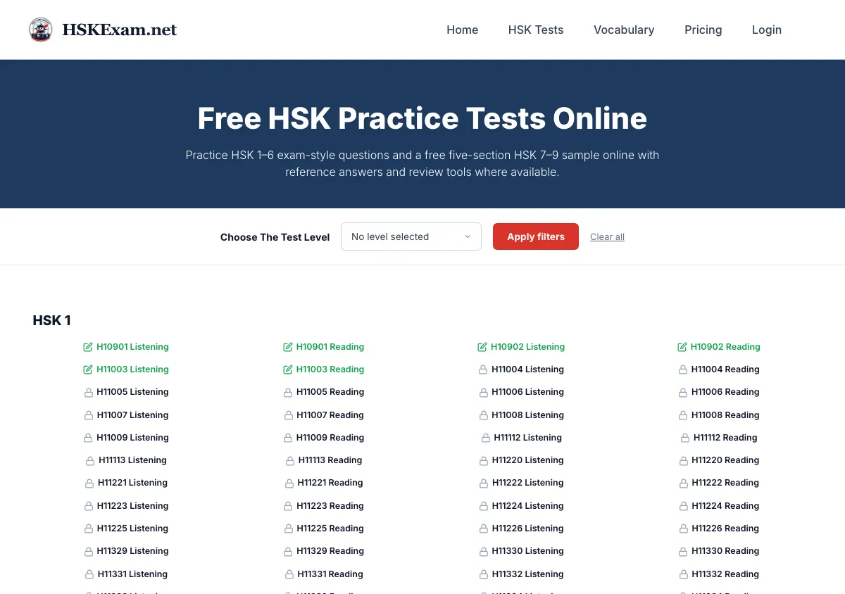 HSKExam.net's Free HSK Practice Tests Online page with a level filter and the HSK 1 list: H10901, H10902 and H11003 Listening and Reading in green with an edit icon, and later papers from H11004 on marked with a padlock.