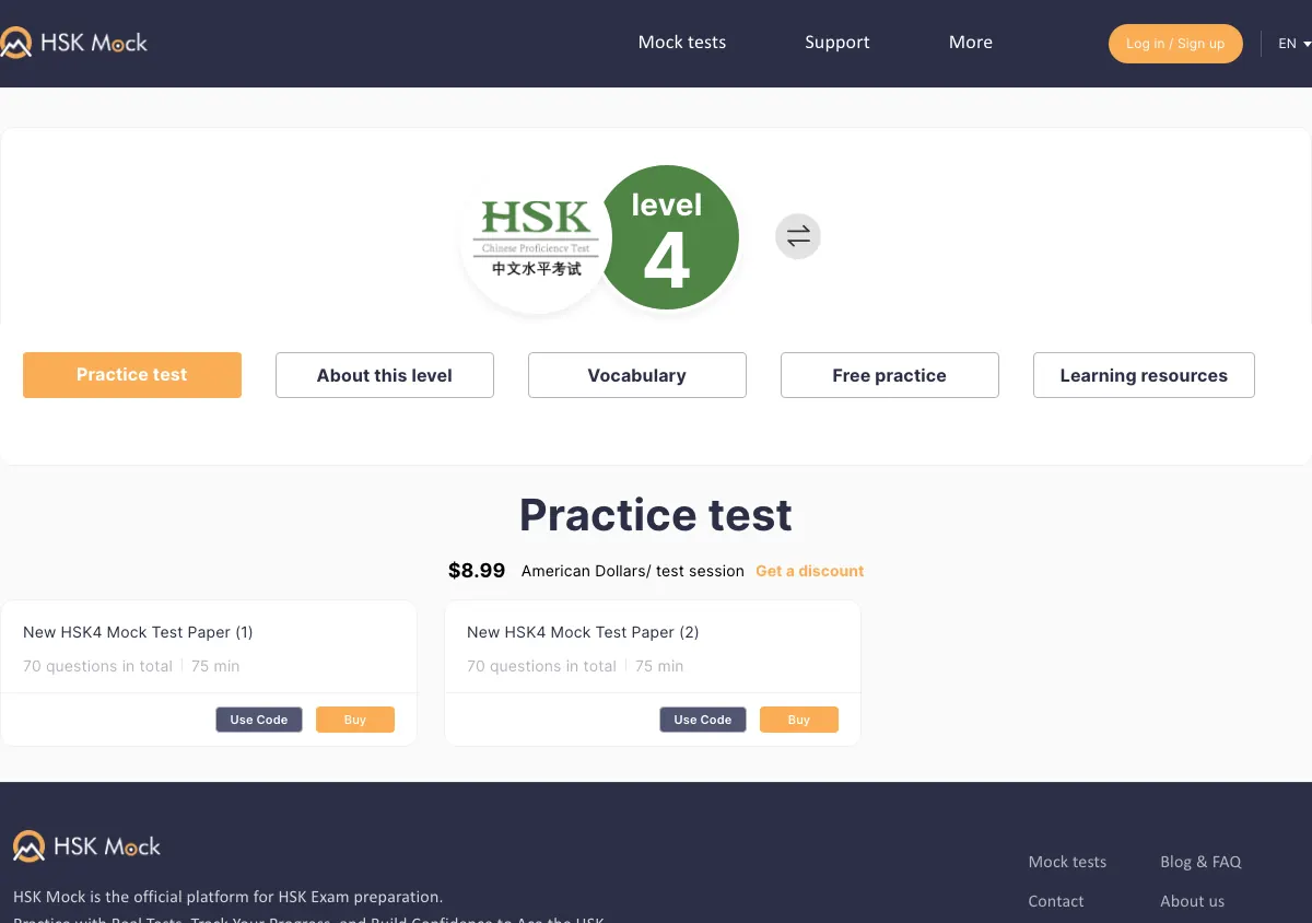 HSK Mock's level 4 page with tabs for Practice test, About this level, Vocabulary, Free practice and Learning resources, a price of $8.99 American Dollars per test session, and two cards, New HSK4 Mock Test Paper (1) and (2), each 70 questions and 75 minutes, with Use Code and Buy buttons.