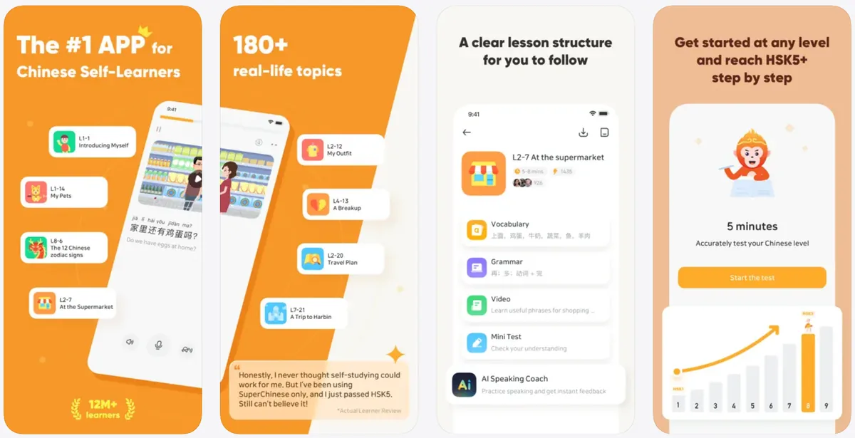 The first four images on SuperChinese's US App Store listing: 'The #1 APP for Chinese Self-Learners' with '12M+ learners' and lessons such as L1-1 Introducing Myself; '180+ real-life topics'; 'A clear lesson structure for you to follow', a lesson called L2-7 At the supermarket with steps for vocabulary, grammar, video, a mini test and an AI Speaking Coach; and 'Get started at any level and reach HSK5+ step by step' with a 5-minute level test.