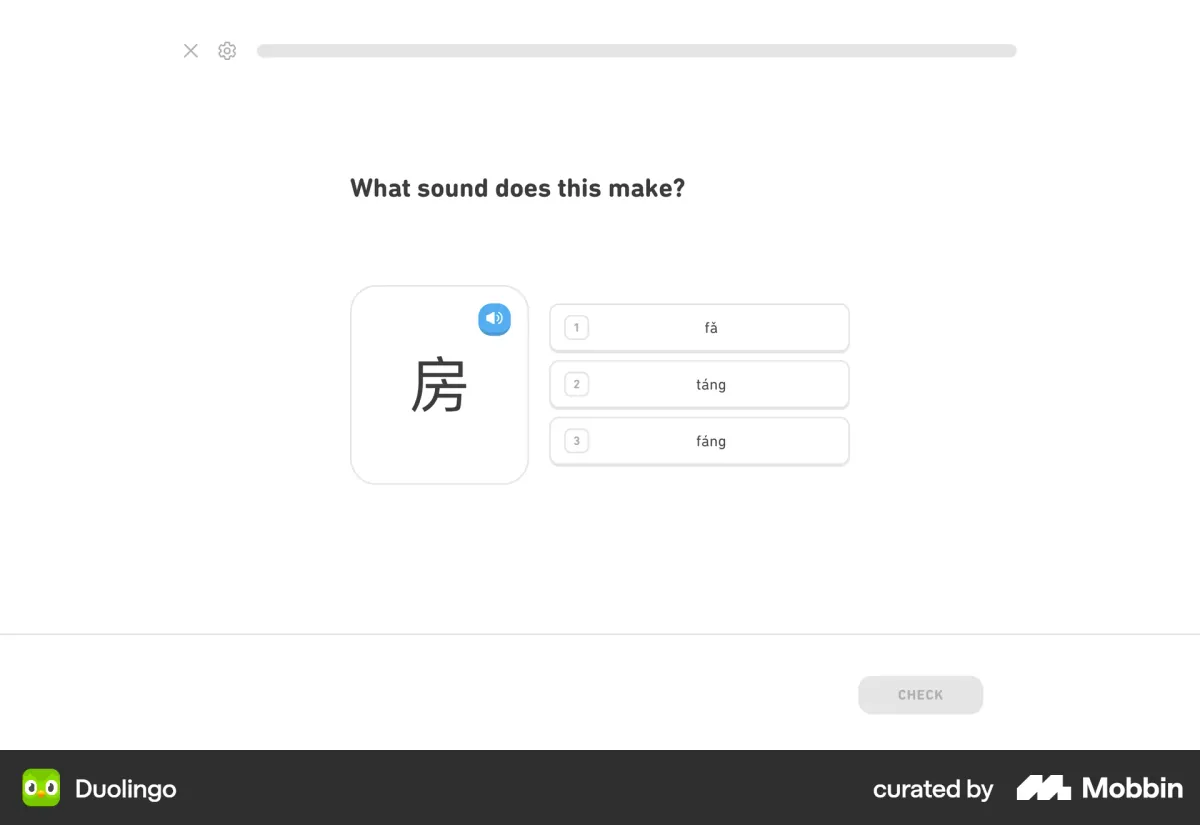 Duolingo Chinese web exercise "What sound does this make?" showing the character 房 with three options: fǎ, táng and fáng.