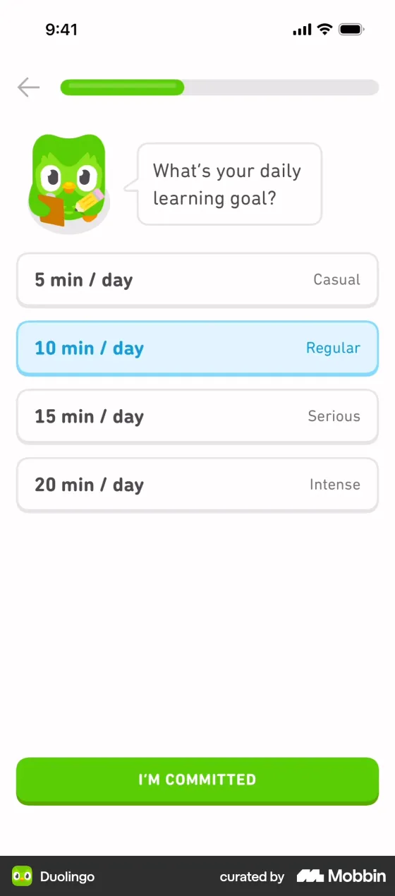 Duolingo onboarding screen asking "What's your daily learning goal?" with four options: 5 min a day (Casual), 10 min (Regular, selected), 15 min (Serious) and 20 min (Intense), and an I'm committed button.