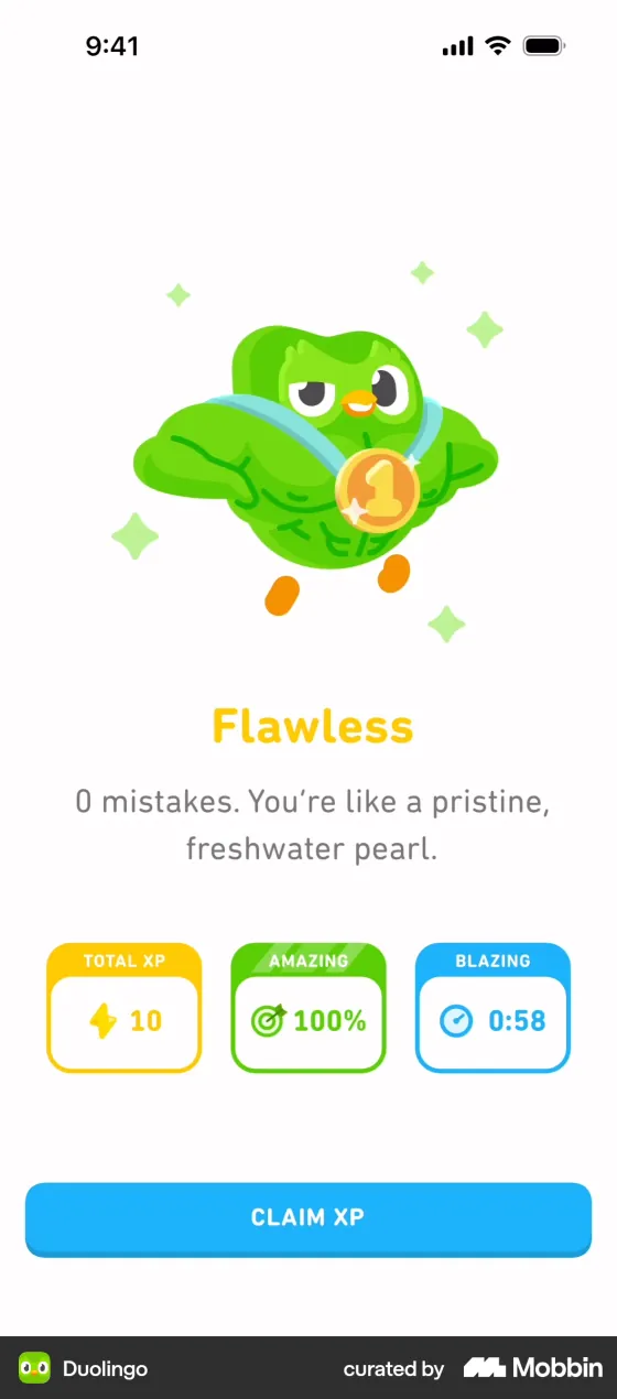 Duolingo lesson result screen titled Flawless: "0 mistakes. You're like a pristine, freshwater pearl." Tiles show 10 total XP, 100% and a time of 0:58, with a Claim XP button.