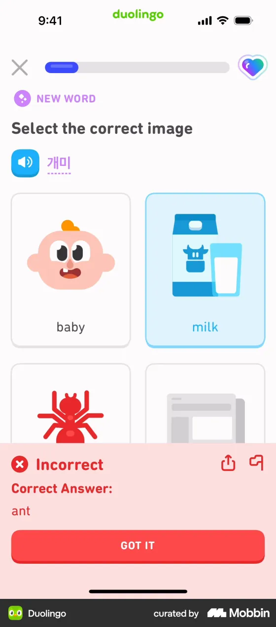 Duolingo Korean exercise tagged NEW WORD: "Select the correct image" for 개미. The learner chose milk, and the red banner reads Incorrect, Correct Answer: ant.
