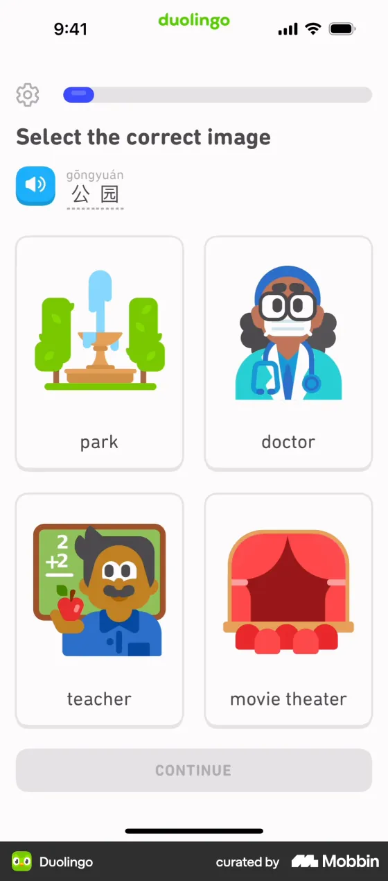 Duolingo Chinese exercise "Select the correct image": an audio button, the pinyin gōngyuán above the characters 公园, and four pictures labelled park, doctor, teacher and movie theater.