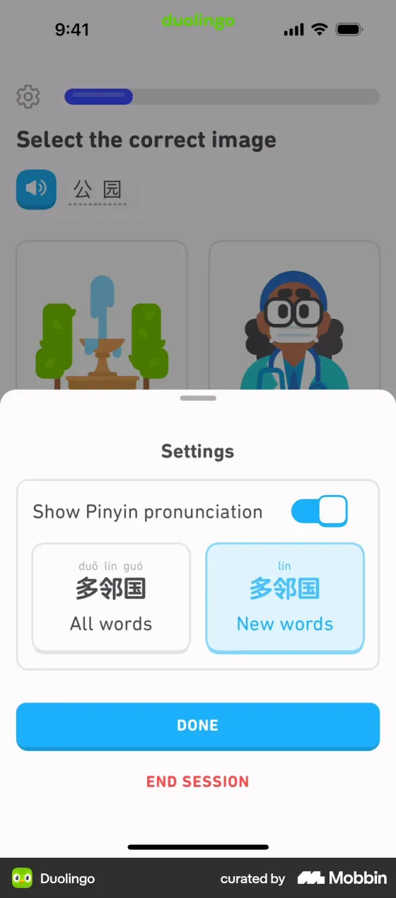 Duolingo Chinese lesson settings: a Show Pinyin pronunciation switch, turned on, with two choices, All words and New words (selected). In the New words example, pinyin sits over 邻 in 多邻国 only.