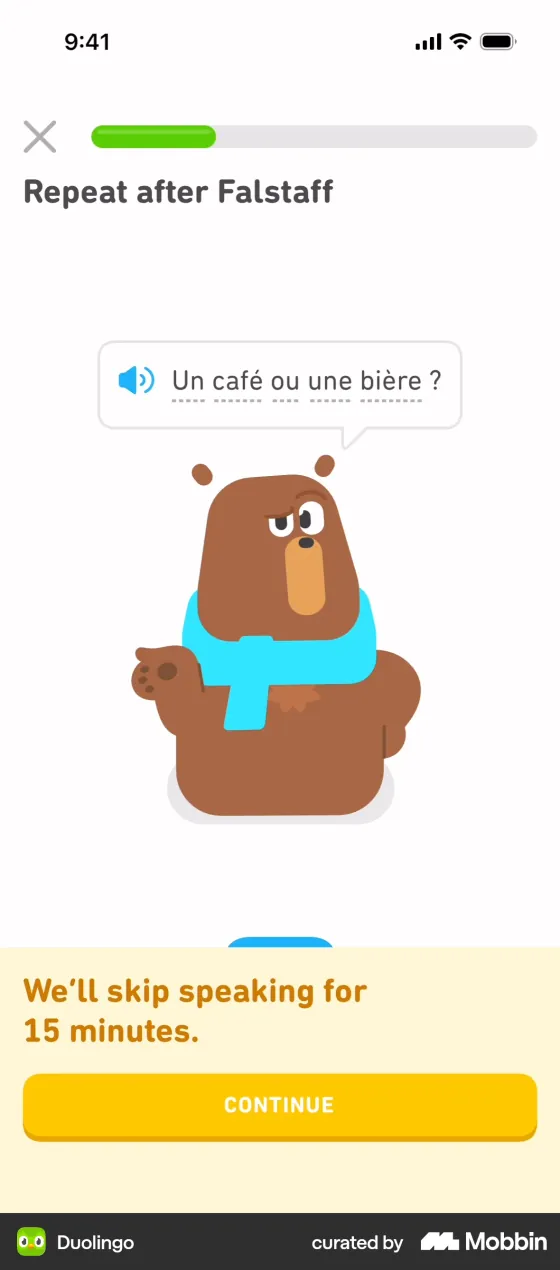 Duolingo French speaking exercise "Repeat after Falstaff" with a yellow banner: We'll skip speaking for 15 minutes.