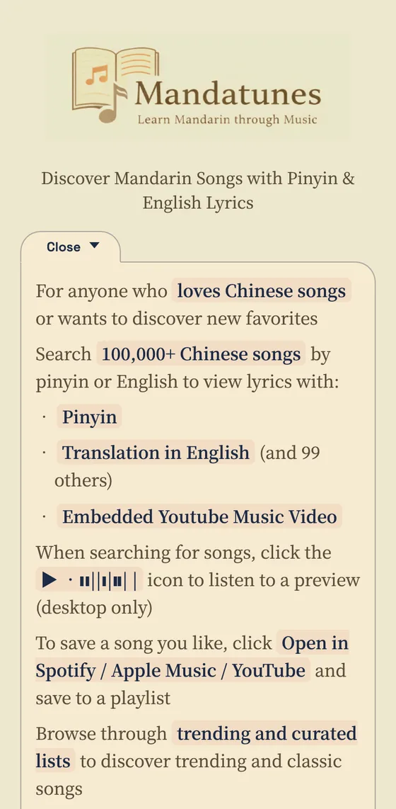 Mandatunes' homepage on a phone: the Mandatunes logo with the line "Learn Mandarin through Music", the heading "Discover Mandarin Songs with Pinyin & English Lyrics", and a panel explaining that you can search 100,000+ Chinese songs by pinyin or English to view lyrics with pinyin, a translation in English (and 99 others) and an embedded YouTube music video, open songs in Spotify, Apple Music or YouTube, and browse trending and curated lists.