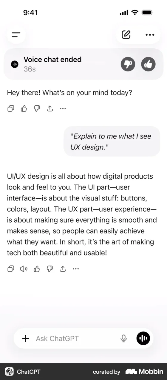 ChatGPT's iPhone app after a voice chat: a "Voice chat ended, 36s" banner with thumbs up and down, then the transcript. ChatGPT's greeting "Hey there! What's on your mind today?", the user's spoken question shown as "Explain to me what I see UX design.", and ChatGPT's answer about UI/UX design.