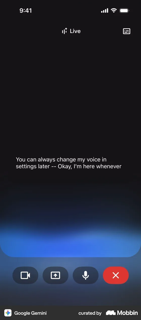 A Gemini Live session in the Gemini iPhone app: a dark screen headed Live, with a captions button at the top right, the caption "You can always change my voice in settings later -- Okay, I'm here whenever", and buttons for camera, screen sharing, microphone and ending the call.
