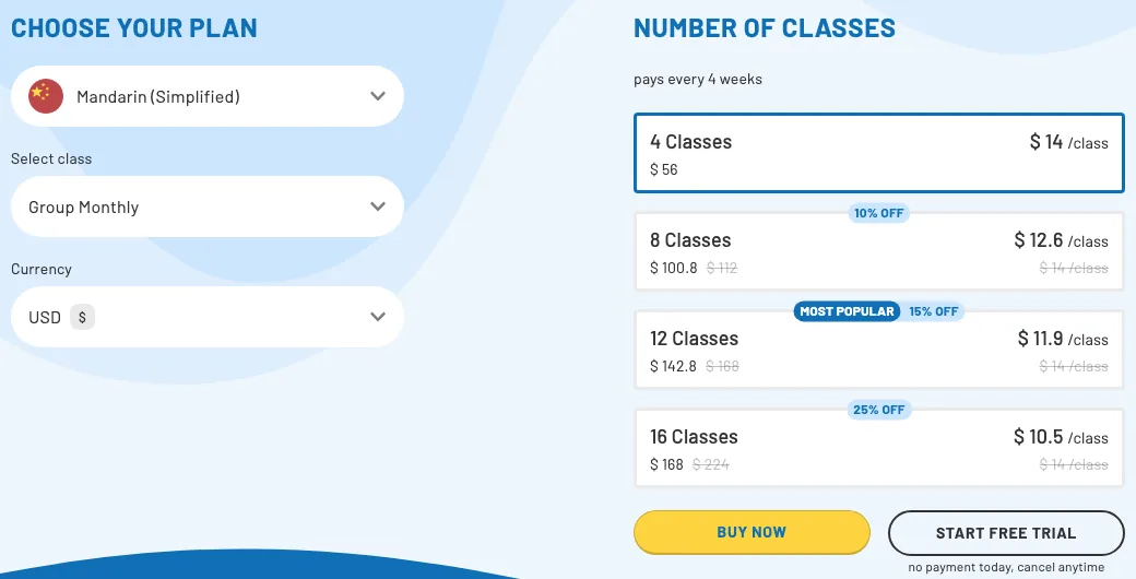 LTL Flexi Classes plan picker with Mandarin (Simplified) and Group Monthly selected: 4 classes $56 ($14 a class), 8 classes $100.80, 12 classes $142.80 ($11.90), 16 classes $168 ($10.50), paid every 4 weeks.