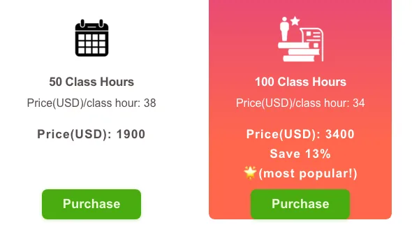 GoEast's flexible private-lesson packages: 50 class hours at $38 a class hour ($1,900), and 100 class hours at $34 ($3,400, most popular).
