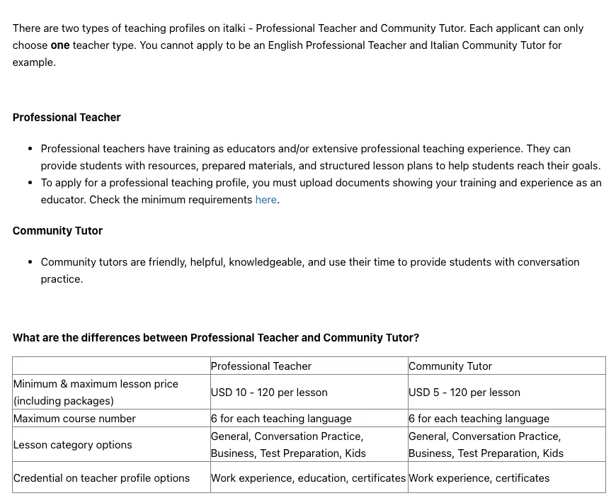 italki help article comparing its two teacher types. Professional Teacher: USD 10–120 per lesson, credentials can include work experience, education and certificates. Community Tutor: USD 5–120 per lesson, credentials can include work experience and certificates.