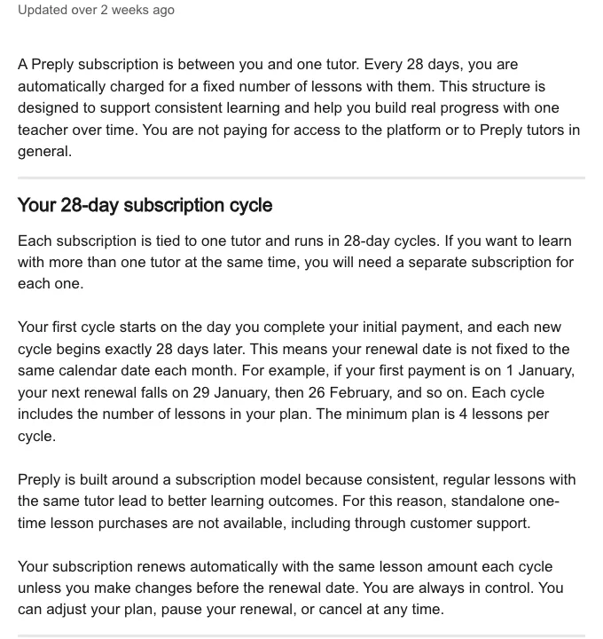 Preply help article: a subscription is between you and one tutor, charged every 28 days for a fixed number of lessons; the minimum plan is 4 lessons per cycle, and one-time lesson purchases aren't available.