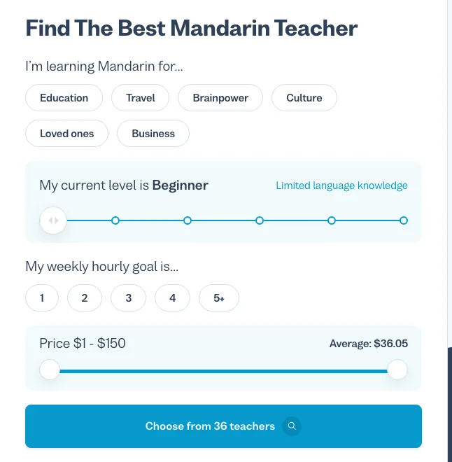Verbling's Find the Best Mandarin Teacher search box: price slider from $1 to $150, average $36.05, and a button reading Choose from 36 teachers.