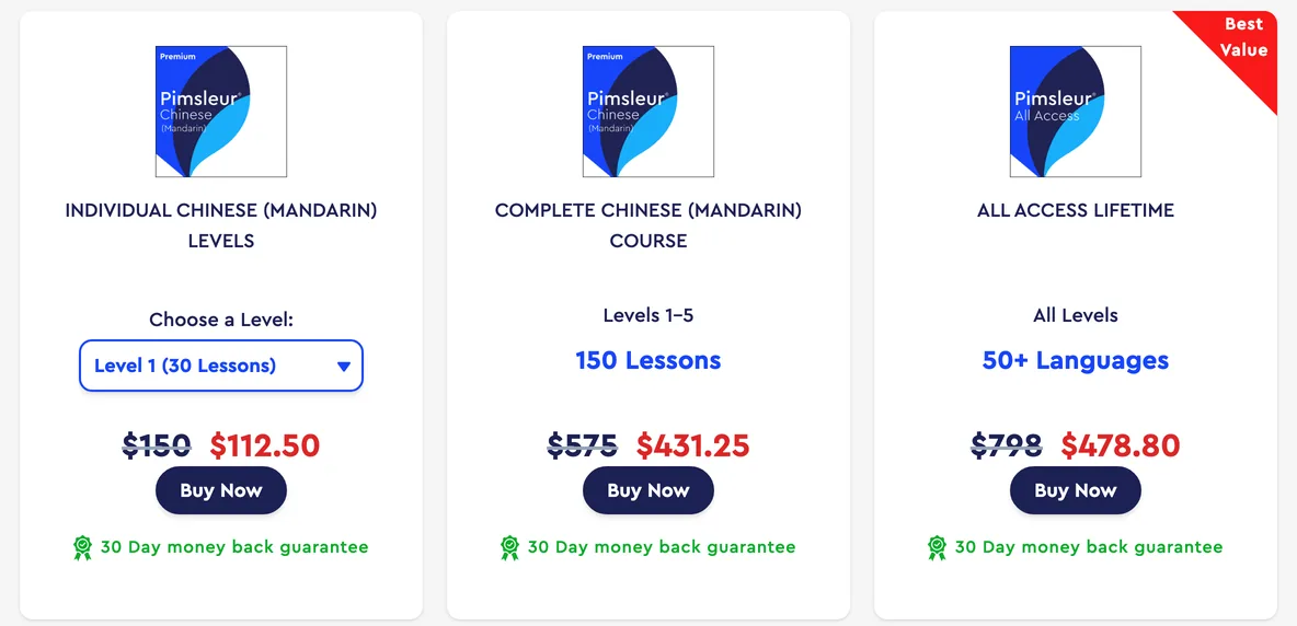 Pimsleur's three ways to buy Mandarin outright: one level of 30 lessons at $150, shown on sale at $112.50; the complete course, Levels 1 to 5 with 150 lessons, at $575, on sale at $431.25; and All Access Lifetime for 50+ languages at $798, on sale at $478.80, each with a 30-day money-back guarantee.