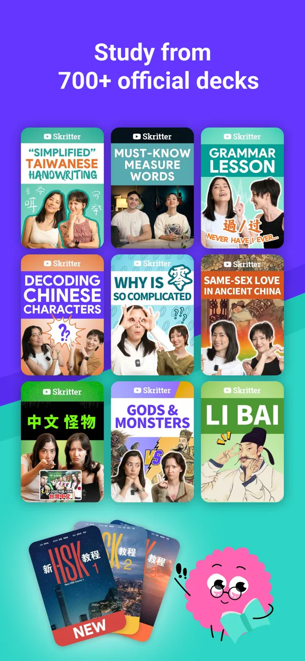 Skritter's App Store screenshot titled 'Study from 700+ official decks': a grid of video-course and deck covers, such as Simplified vs Taiwanese handwriting, Must-know measure words and Decoding Chinese characters, with a stack of new HSK textbook decks below.