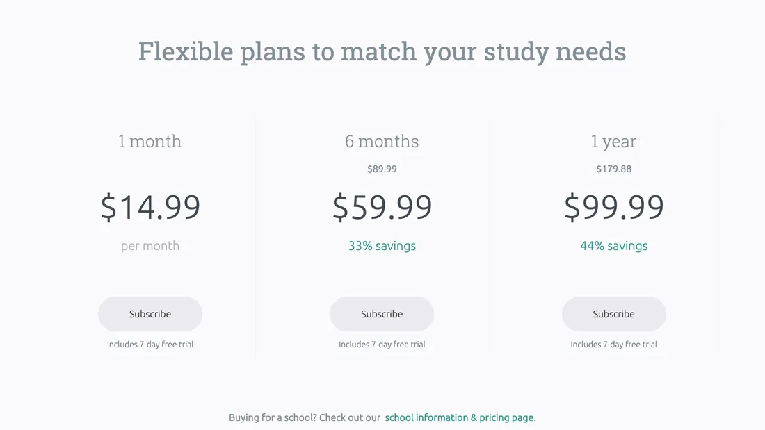 Skritter's plans: 1 month at $14.99 per month; 6 months at $59.99, shown against $89.99, '33% savings'; 1 year at $99.99, shown against $179.88, '44% savings'. Each says 'Includes 7-day free trial'.