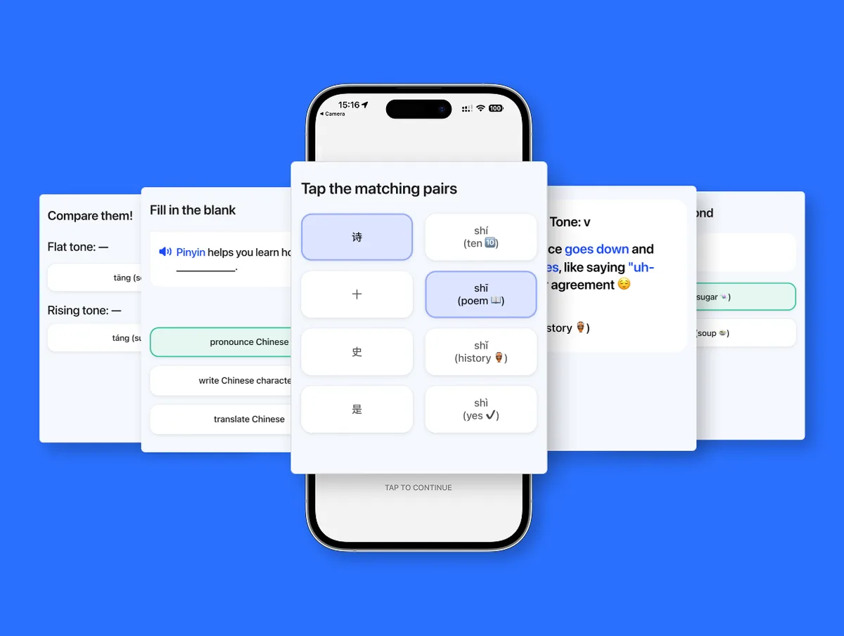 Speak's launch image of its Chinese pronunciation lessons: a 'Tap the matching pairs' card that matches the characters 诗 shī (poem), 十 shí (ten), 史 shǐ (history) and 是 shì (yes) to their pinyin, between partly hidden cards headed 'Compare them!', with the flat tone tāng (soup) and the rising tone táng (sugar), and 'Fill in the blank', where pinyin helps you learn to pronounce Chinese.