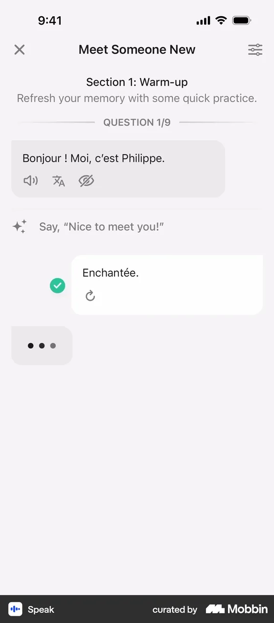 A Speak lesson in its French course, 'Meet Someone New', question 1 of 9: the tutor says 'Bonjour ! Moi, c'est Philippe.', the prompt reads 'Say, "Nice to meet you!"', and the learner's spoken answer 'Enchantée.' has a green check beside it.