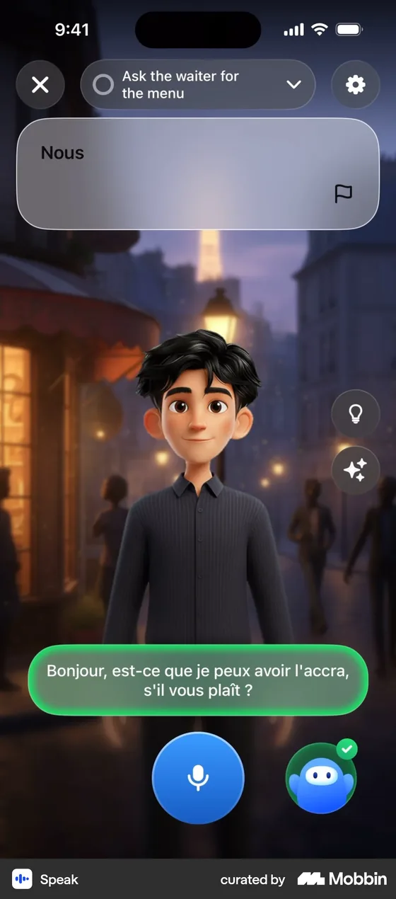 A Speak roleplay in its French course: an animated waiter on a Paris street at night, the task 'Ask the waiter for the menu' at the top, and the learner's spoken line, 'Bonjour, est-ce que je peux avoir l'accra, s'il vous plaît ?', in a green bubble above a microphone button and a tutor icon with a check mark.