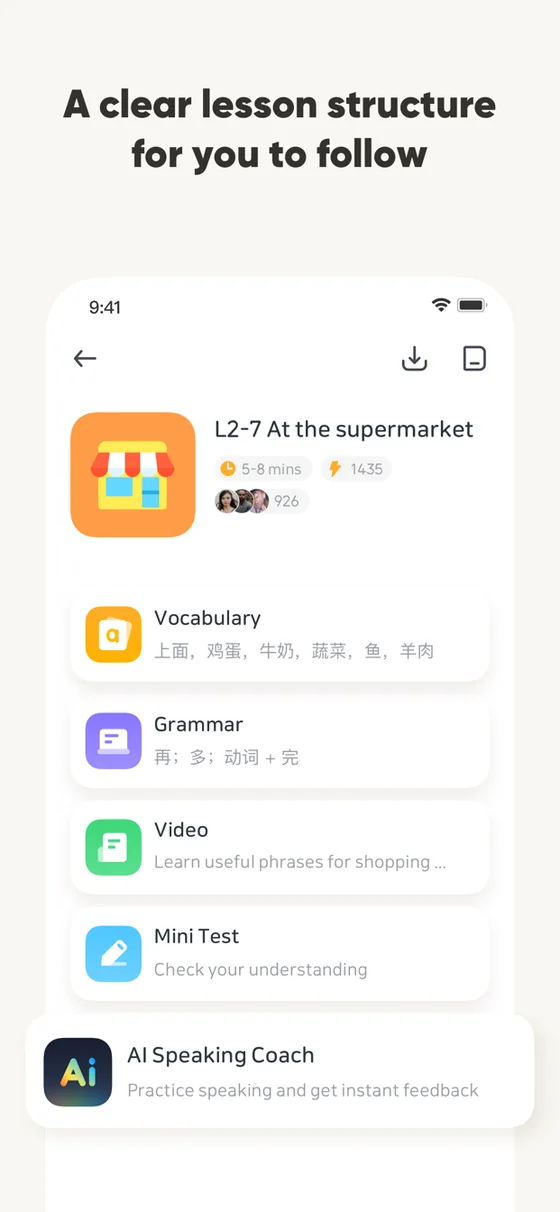 SuperChinese's App Store image 'A clear lesson structure for you to follow': lesson L2-7, At the supermarket, 5 to 8 minutes, with five steps in order: Vocabulary (six food words such as eggs and milk), Grammar, Video (useful phrases for shopping), Mini Test (check your understanding) and AI Speaking Coach (practise speaking and get instant feedback).